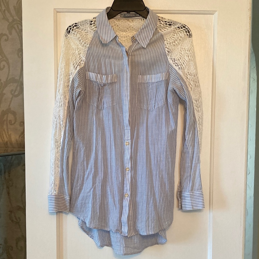 Wit & Wisdom Blue Striped Shirt with Lace Accents